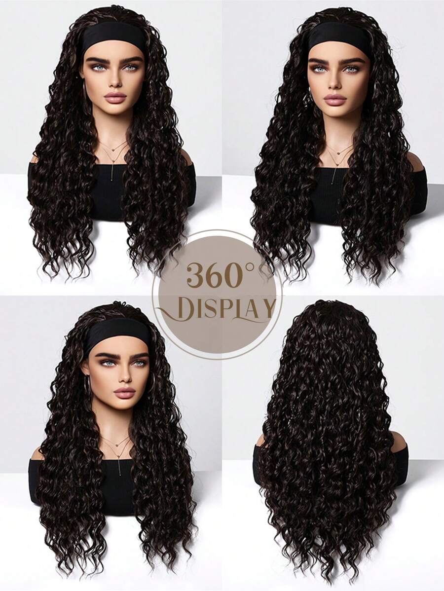 26 "Curly Hair Band Female Wig Wavy Black Wig With Headband Synthetic Woven Chemical Fiber Long Curly Hair Wig For Everyday Use And Halloween, Cosplay, Christmas, Fashion Girls.