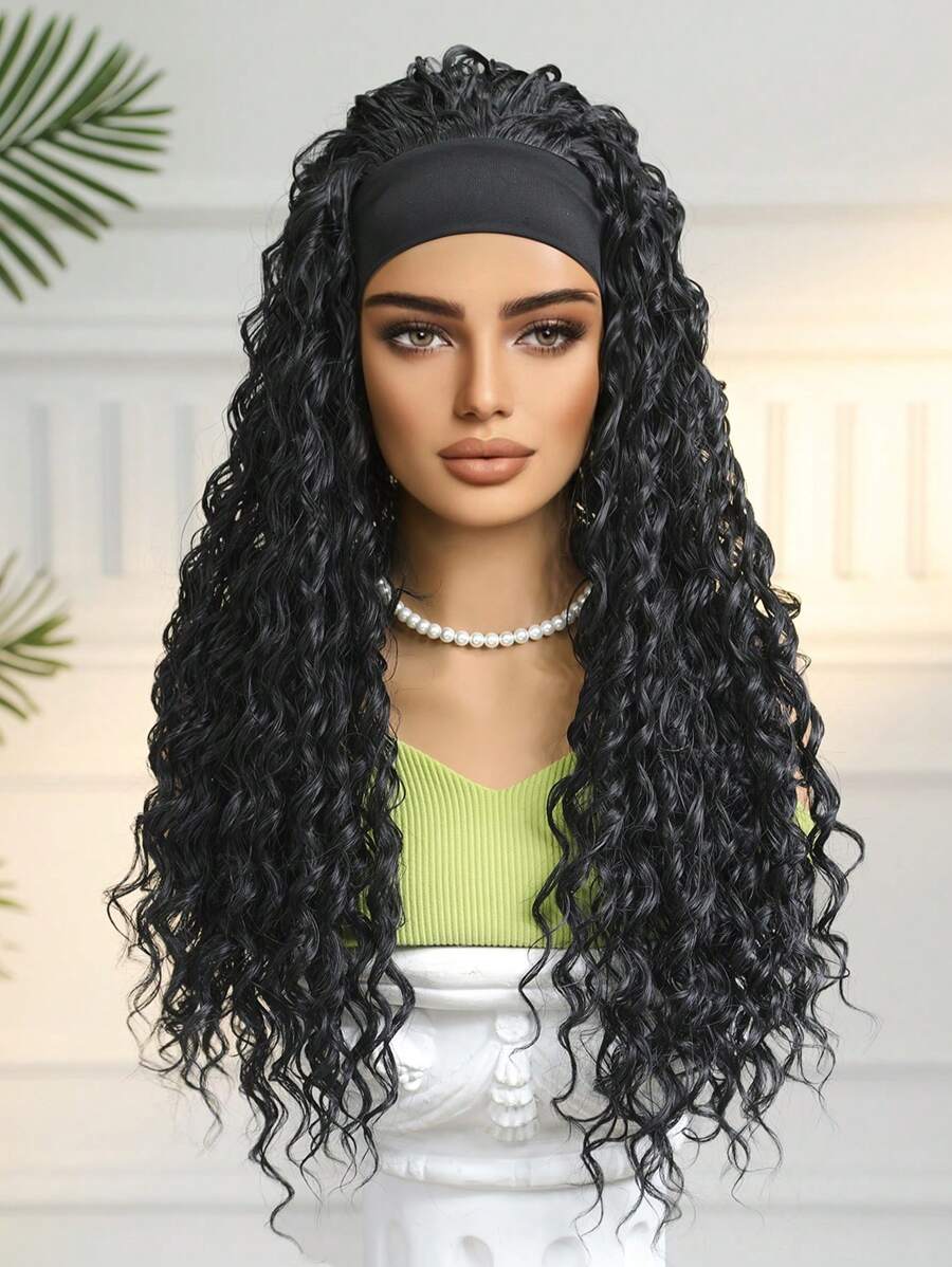 26 "Curly Hair Band Female Wig Wavy Black Wig With Headband Synthetic Woven Chemical Fiber Long Curly Hair Wig For Everyday Use And Halloween, Cosplay, Christmas, Fashion Girls.