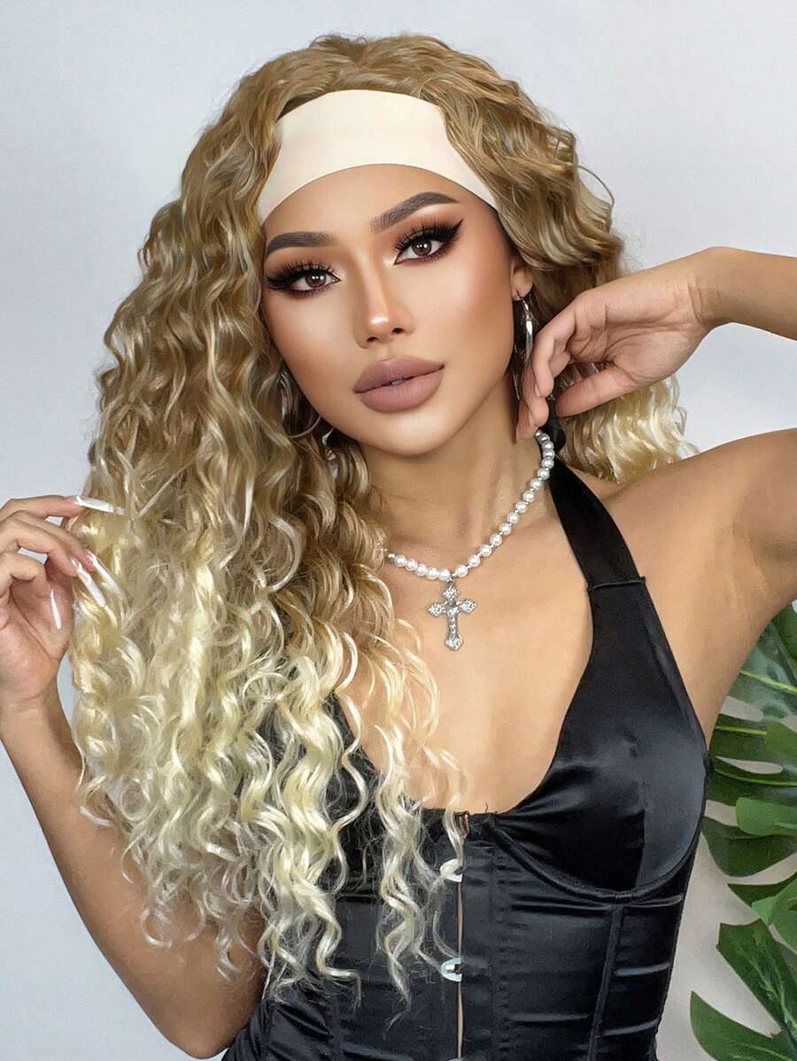 26 "Curly Hair Band Female Wig Wavy Black Wig With Headband Synthetic Woven Chemical Fiber Long Curly Hair Wig For Everyday Use And Halloween, Cosplay, Christmas, Fashion Girls.