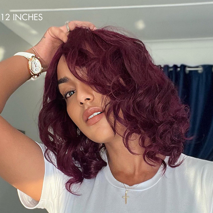 Dark Plum 99J Hair Color Wig Loose Wave Minimalist HD Lace Glueless Mid Part Short Wig