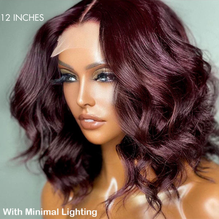 Dark Plum 99J Hair Color Wig Loose Wave Minimalist HD Lace Glueless Mid Part Short Wig