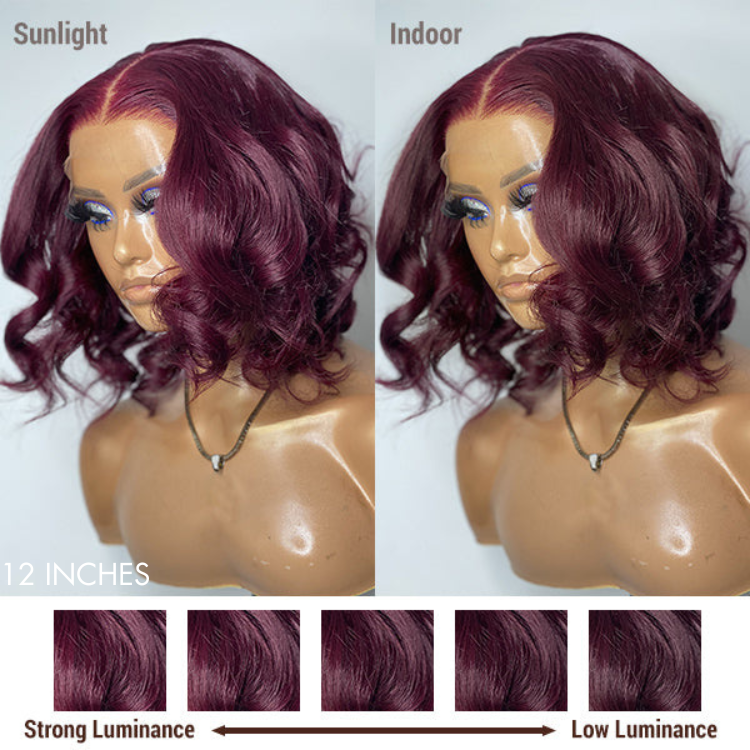 Dark Plum 99J Hair Color Wig Loose Wave Minimalist HD Lace Glueless Mid Part Short Wig