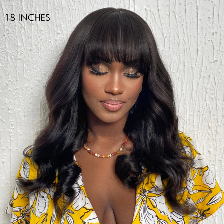 Loose Wave 5x5 Closure Lace Glueless Human Hair Long Wig with Cute Bangs