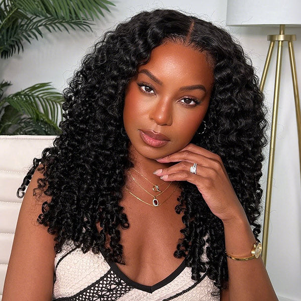 Burmese Curly Glueless Wigs Elastic Drawstring Snug Fit Wear Go Wigs With Finger Coils Ends
