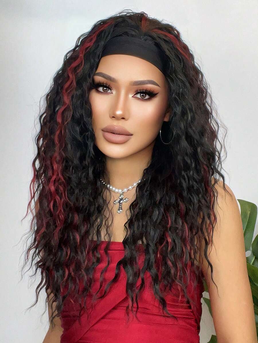 26 "Curly Hair Band Female Wig Wavy Black Wig With Headband Synthetic Woven Chemical Fiber Long Curly Hair Wig For Everyday Use And Halloween, Cosplay, Christmas, Fashion Girls.