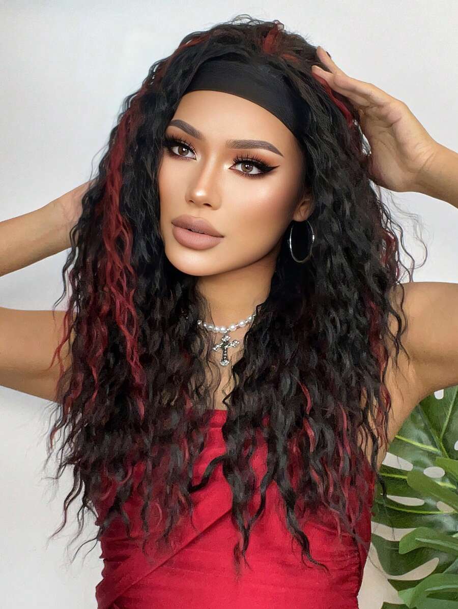 26 "Curly Hair Band Female Wig Wavy Black Wig With Headband Synthetic Woven Chemical Fiber Long Curly Hair Wig For Everyday Use And Halloween, Cosplay, Christmas, Fashion Girls.