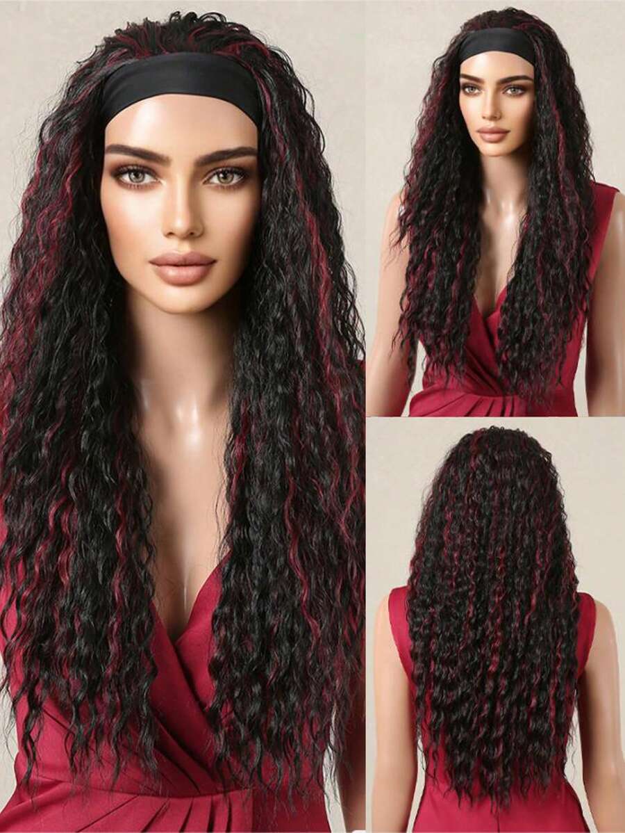 26 "Curly Hair Band Female Wig Wavy Black Wig With Headband Synthetic Woven Chemical Fiber Long Curly Hair Wig For Everyday Use And Halloween, Cosplay, Christmas, Fashion Girls.