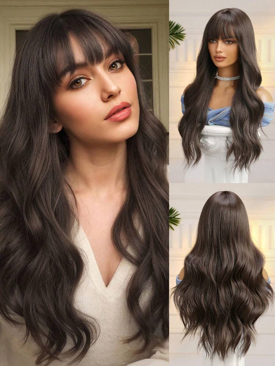 13x6 Glueless Wig Straight With Drawstring Natural Black Human Hair Wig Long Curly Wigs With Bangs Black Wavy Wigs
