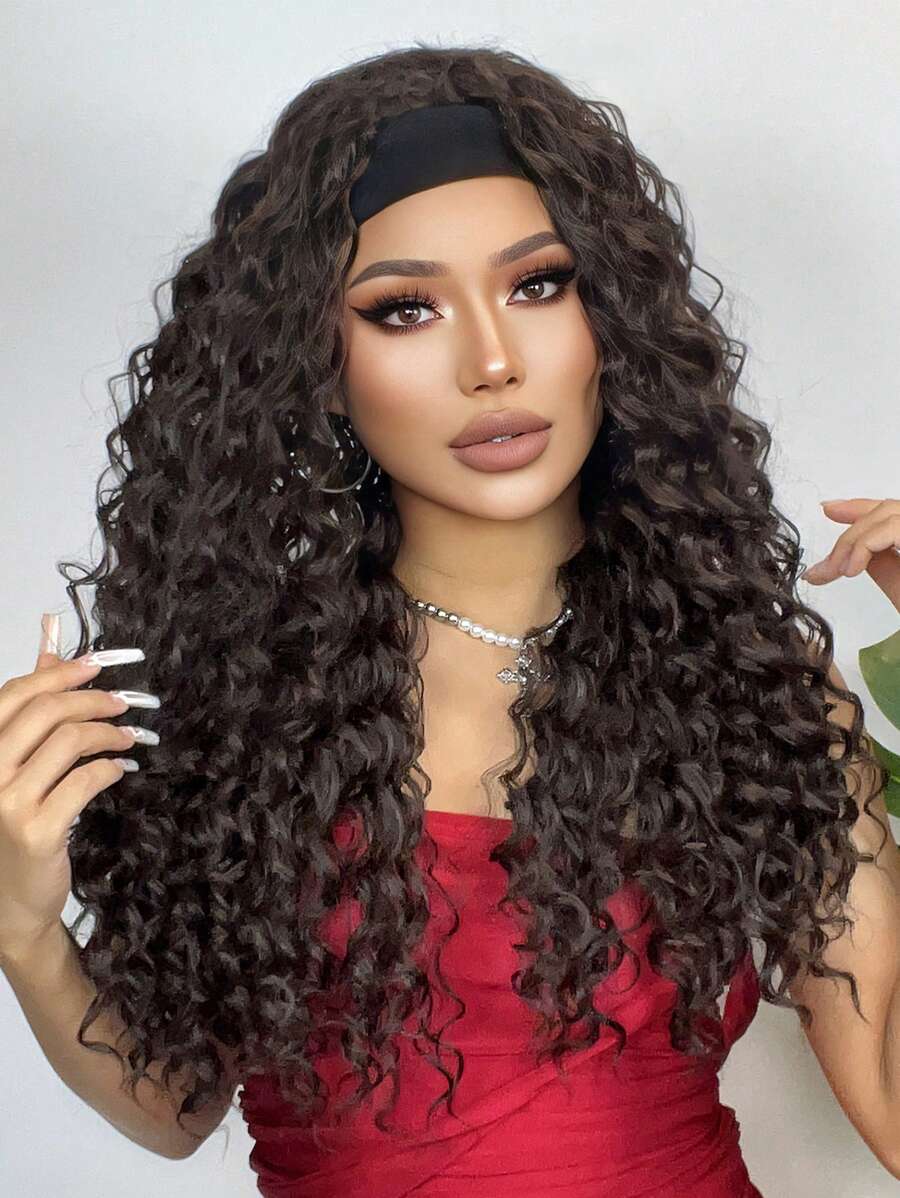 26 "Curly Hair Band Female Wig Wavy Black Wig With Headband Synthetic Woven Chemical Fiber Long Curly Hair Wig For Everyday Use And Halloween, Cosplay, Christmas, Fashion Girls.