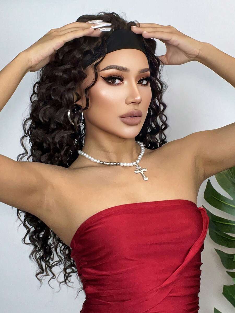 26 "Curly Hair Band Female Wig Wavy Black Wig With Headband Synthetic Woven Chemical Fiber Long Curly Hair Wig For Everyday Use And Halloween, Cosplay, Christmas, Fashion Girls.