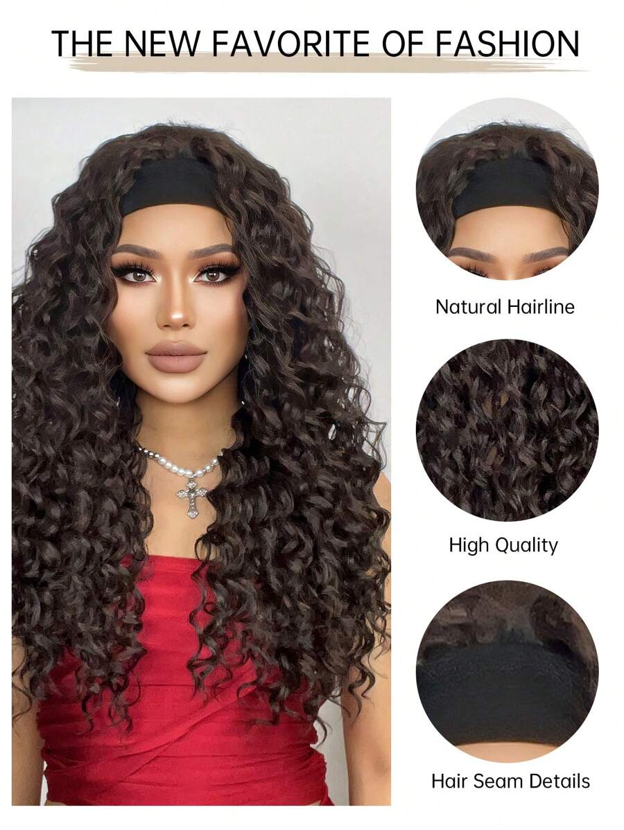 26 "Curly Hair Band Female Wig Wavy Black Wig With Headband Synthetic Woven Chemical Fiber Long Curly Hair Wig For Everyday Use And Halloween, Cosplay, Christmas, Fashion Girls.