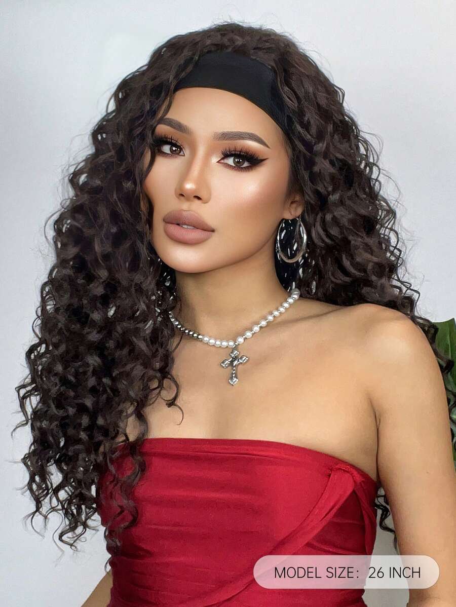 26 "Curly Hair Band Female Wig Wavy Black Wig With Headband Synthetic Woven Chemical Fiber Long Curly Hair Wig For Everyday Use And Halloween, Cosplay, Christmas, Fashion Girls.