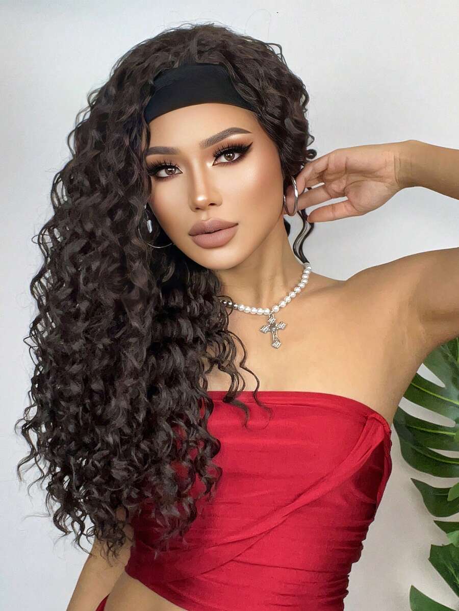 26 "Curly Hair Band Female Wig Wavy Black Wig With Headband Synthetic Woven Chemical Fiber Long Curly Hair Wig For Everyday Use And Halloween, Cosplay, Christmas, Fashion Girls.
