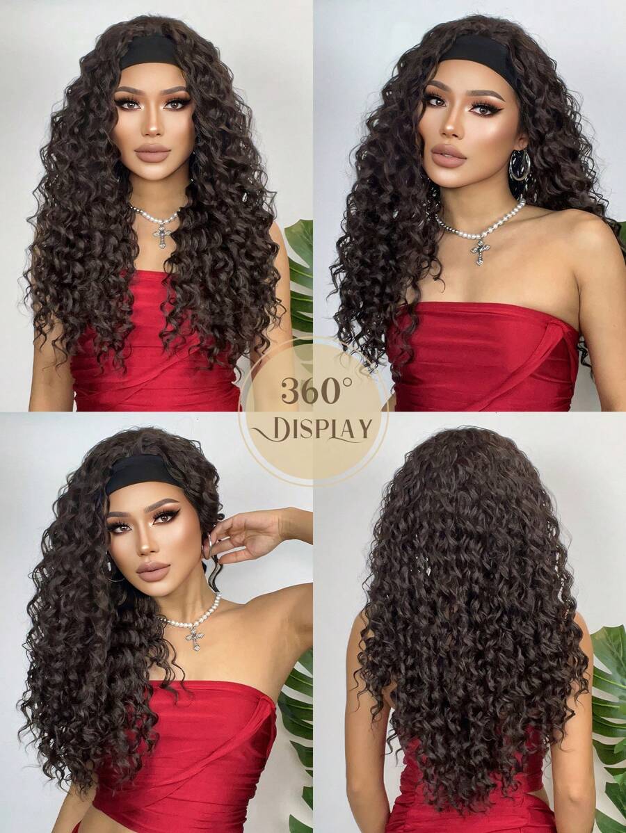 26 "Curly Hair Band Female Wig Wavy Black Wig With Headband Synthetic Woven Chemical Fiber Long Curly Hair Wig For Everyday Use And Halloween, Cosplay, Christmas, Fashion Girls.