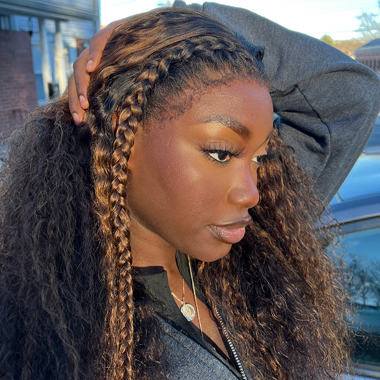 4C Edges | Kinky Edges Ombre Brown Deep Wave Glueless 13x4 Frontal HD Lace Side Part Long Wig  - US Only