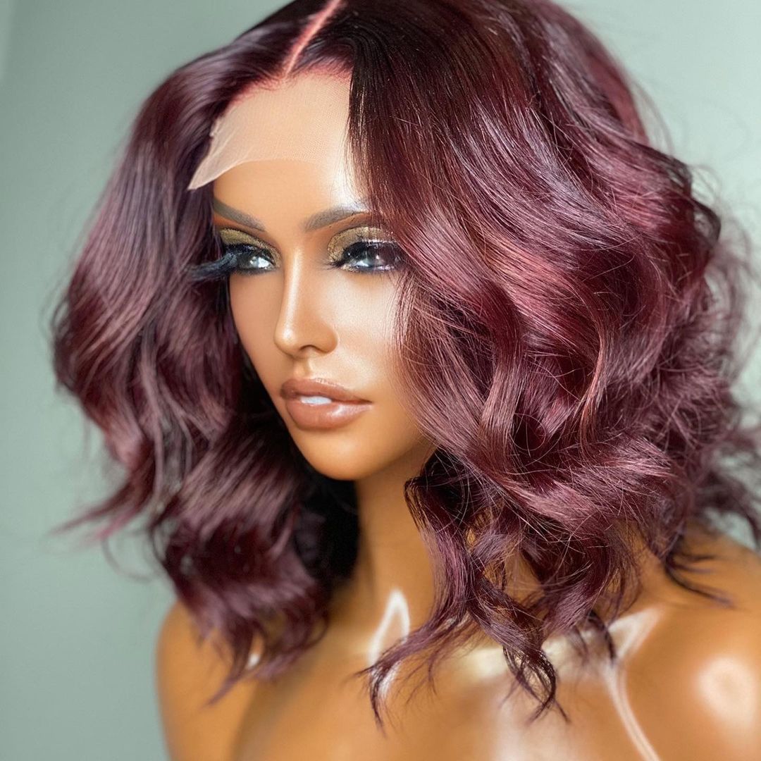 Dark Plum 99J Hair Color Wig Loose Wave Minimalist HD Lace Glueless Mid Part Short Wig