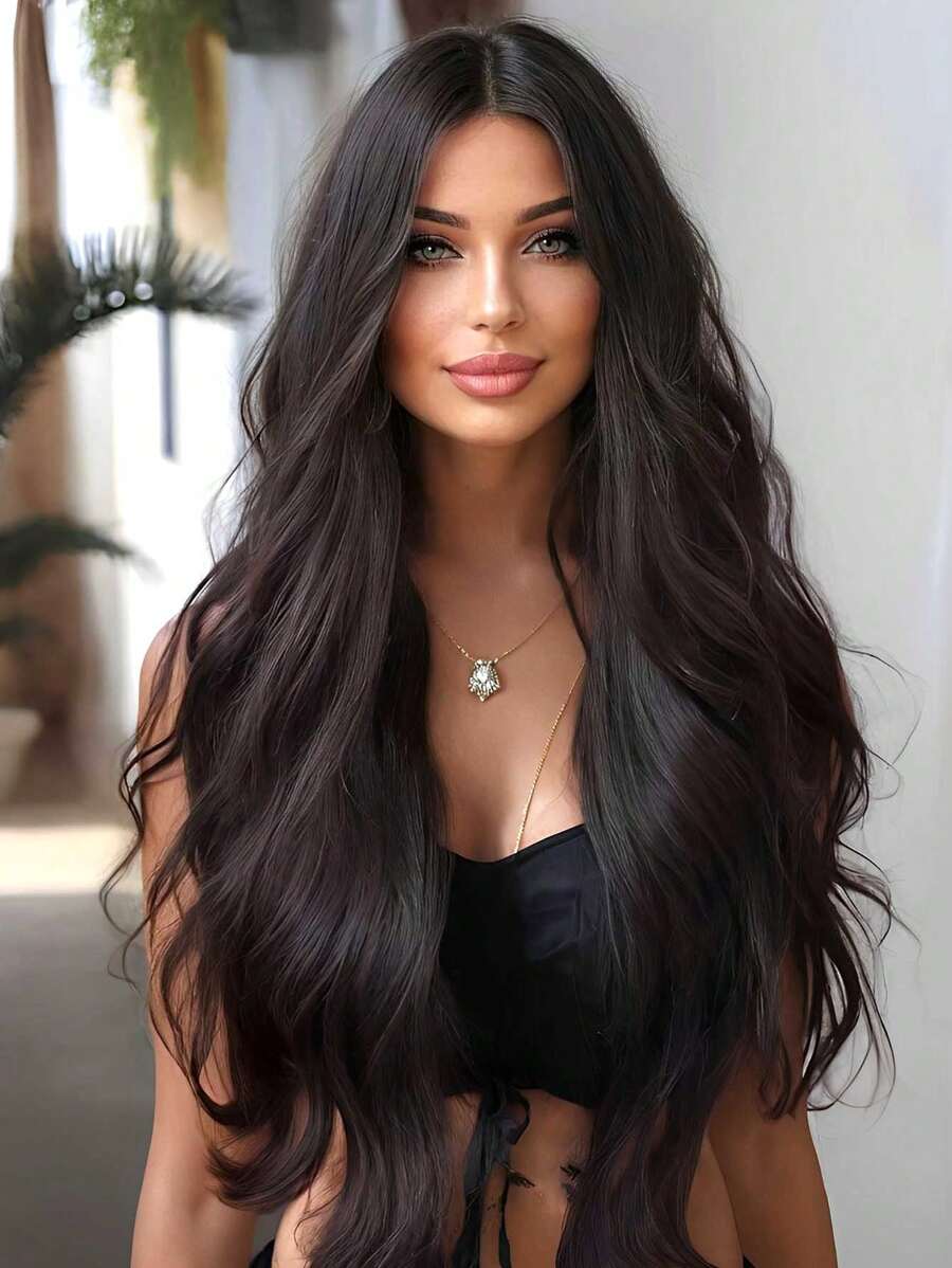 28 Inch Long Black Wigs For Women Middle Part Synthetic Wigs Natural Curly Hair For Daily Use Graceful Charming Wigs