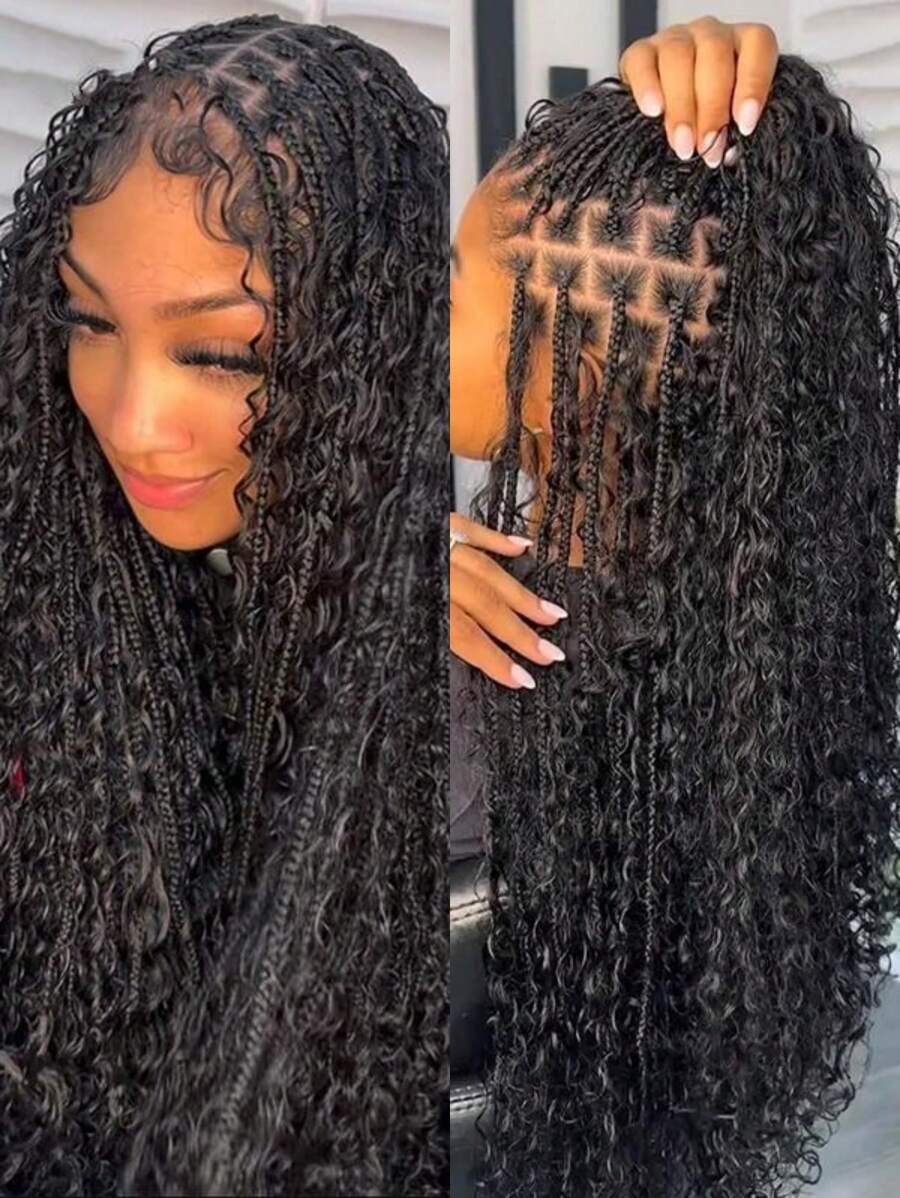 Bohemian Style Box Braided Curly Synthetic Lace Front Wig Goddess Braids Wig Burgundy Bohemian Box Braided Wig