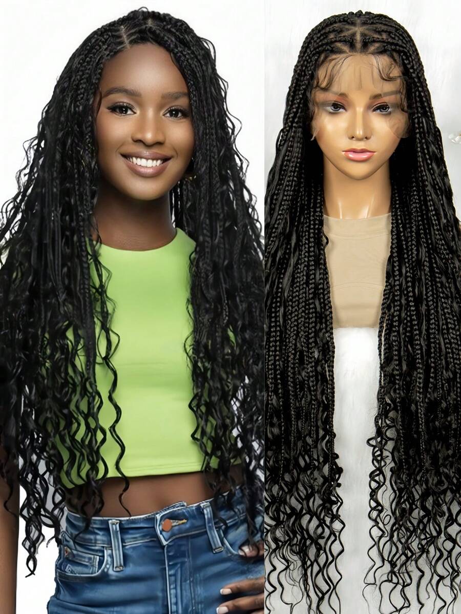 Bohemian Style Box Braided Curly Synthetic Lace Front Wig Goddess Braids Wig Burgundy Bohemian Box Braided Wig