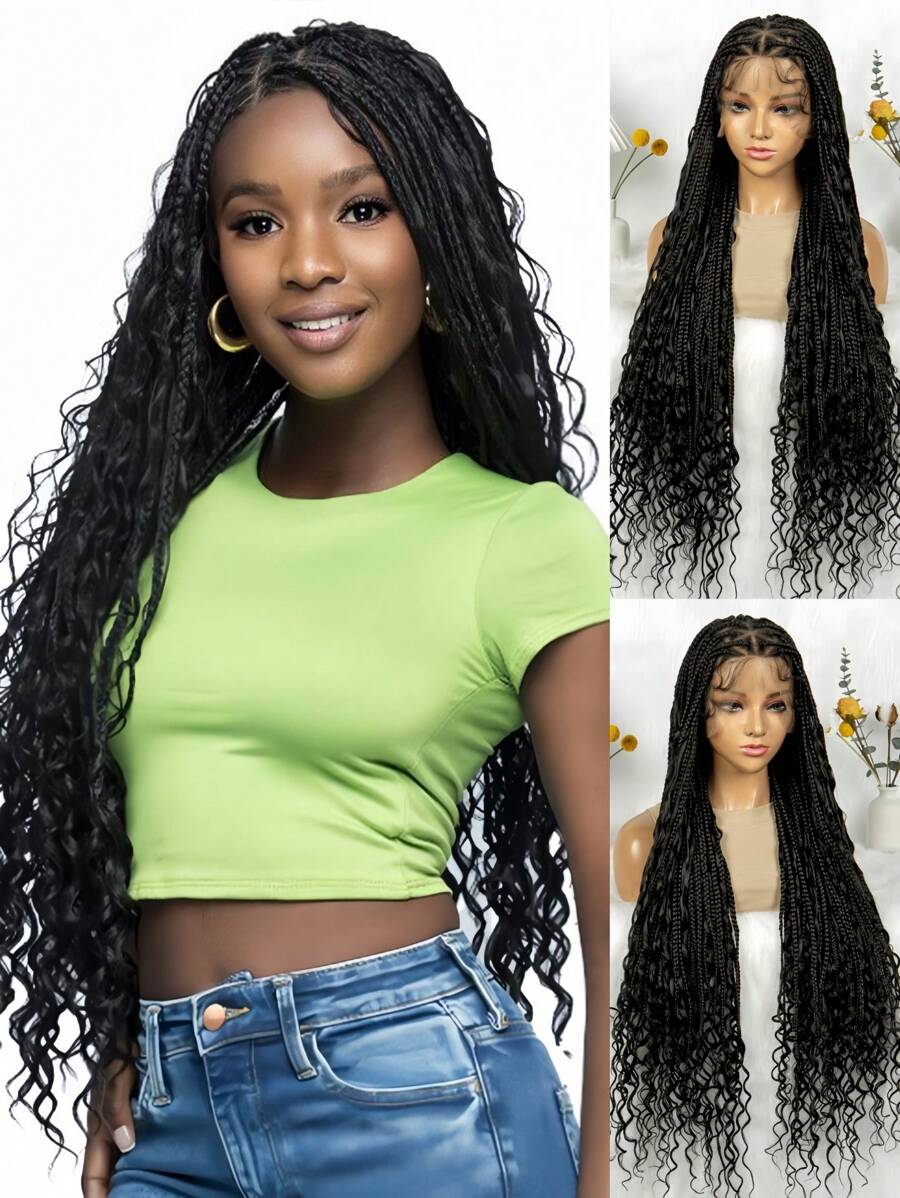 Bohemian Style Box Braided Curly Synthetic Lace Front Wig Goddess Braids Wig Burgundy Bohemian Box Braided Wig