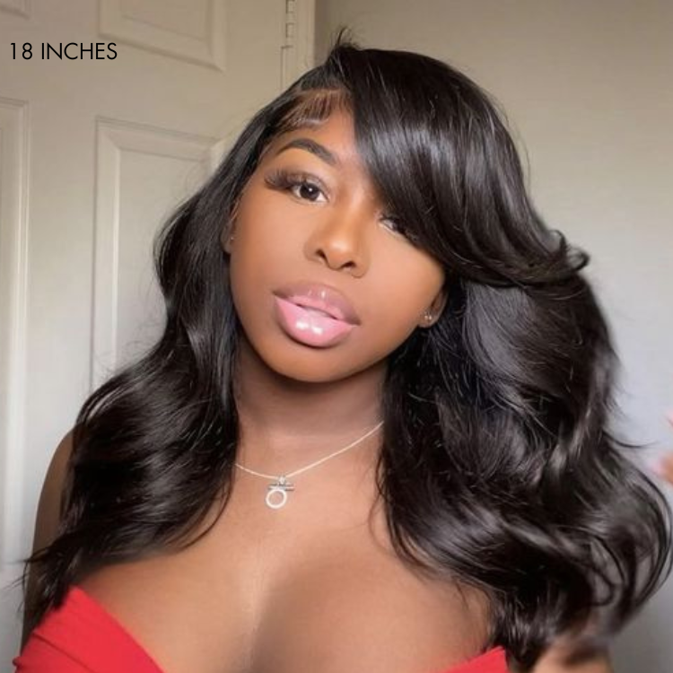 Graceful Natural Black Body Wave with Bangs 5x5 Closure Lace Glueless C Part Long Wig