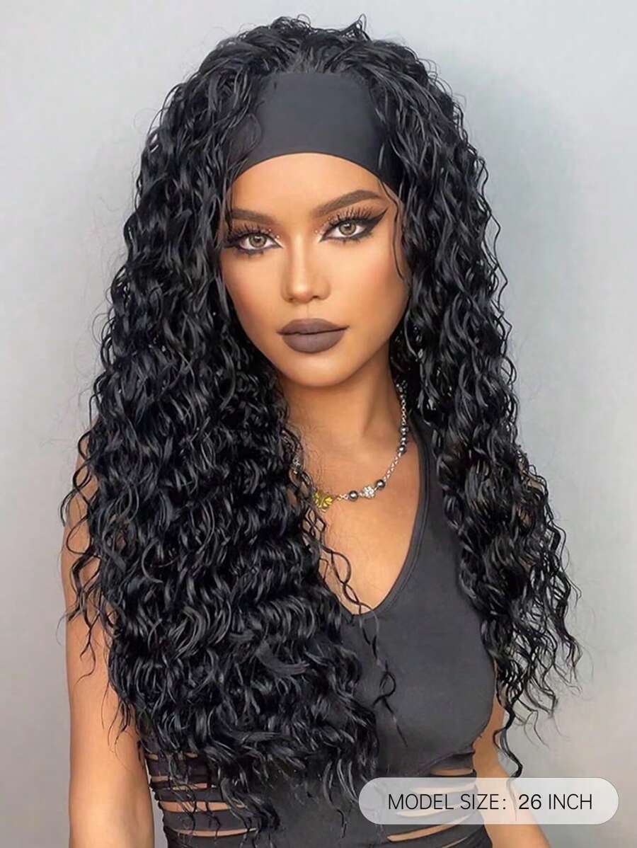 26 "Curly Hair Band Female Wig Wavy Black Wig With Headband Synthetic Woven Chemical Fiber Long Curly Hair Wig For Everyday Use And Halloween, Cosplay, Christmas, Fashion Girls.