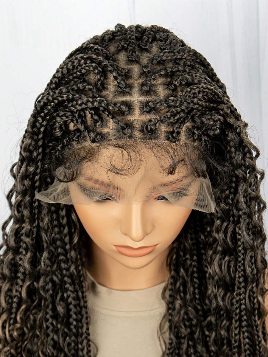 Boho Knotless Braids Invisible Tiny Knots Full HD Lace Braided Wig Tangle-free Curly Ends Braided Long Wig Super Natural Scalp