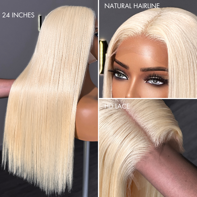 PreMax Wigs - 180% Density Easily Redyed 613 Silky Straight 5x5 Closure HD Lace Glueless Mid Part Long Wig Pre-cut & Plucked & Bleached