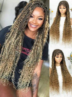 Bohemian Style Box Braided Curly Synthetic Lace Front Wig Goddess Braids Wig Burgundy Bohemian Box Braided Wig