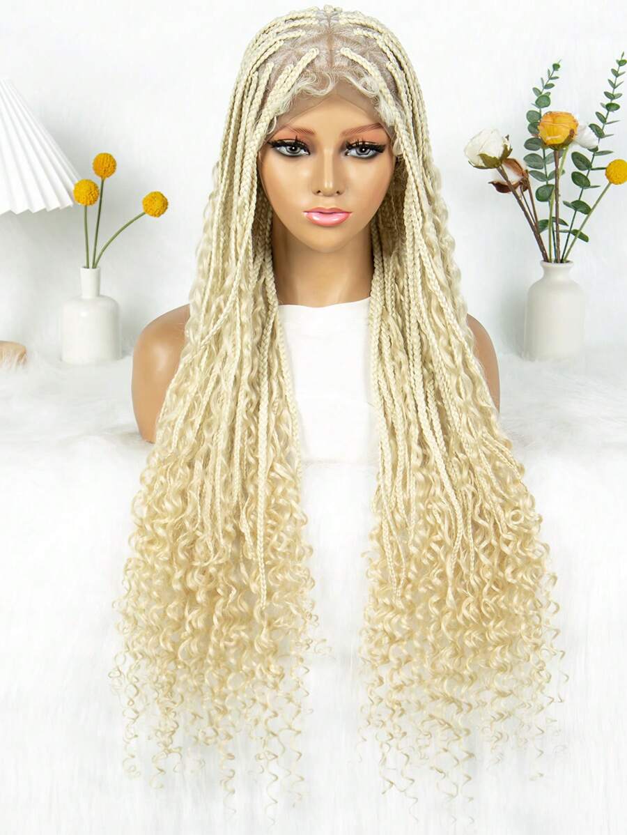 Bohemian Style Box Braided Curly Synthetic Lace Front Wig Goddess Braids Wig Burgundy Bohemian Box Braided Wig