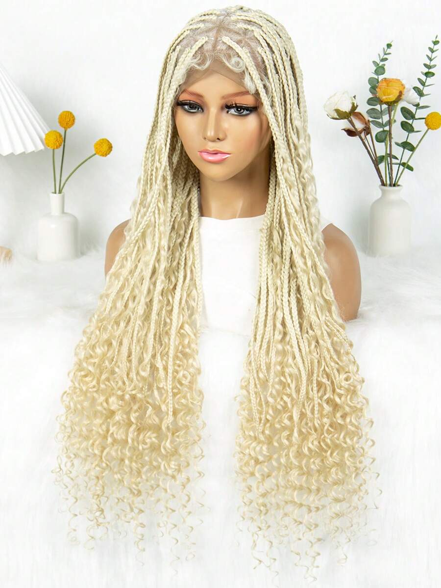 Bohemian Style Box Braided Curly Synthetic Lace Front Wig Goddess Braids Wig Burgundy Bohemian Box Braided Wig