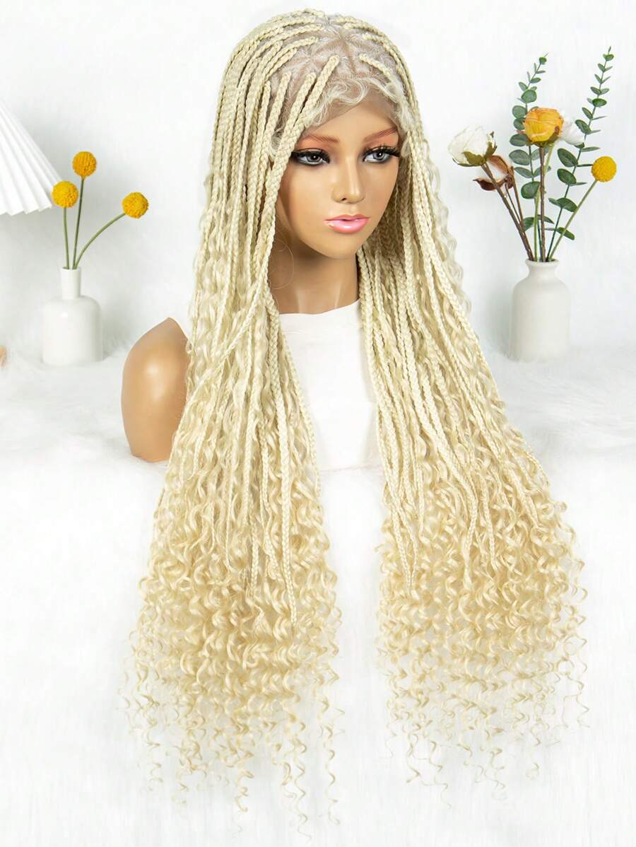 Bohemian Style Box Braided Curly Synthetic Lace Front Wig Goddess Braids Wig Burgundy Bohemian Box Braided Wig