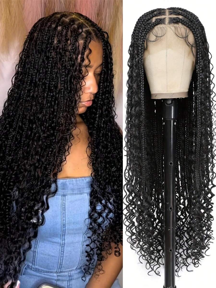 Boho Lace Braided Wig Long Wavy Crochet Braids Wig With Baby Hair Handmade No-Knot Woven Braid Wave Headband Hair Extension
