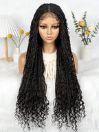 Boho Lace Braided Wig Long Wavy Crochet Braids Wig With Baby Hair Handmade No-Knot Woven Braid Wave Headband Hair Extension