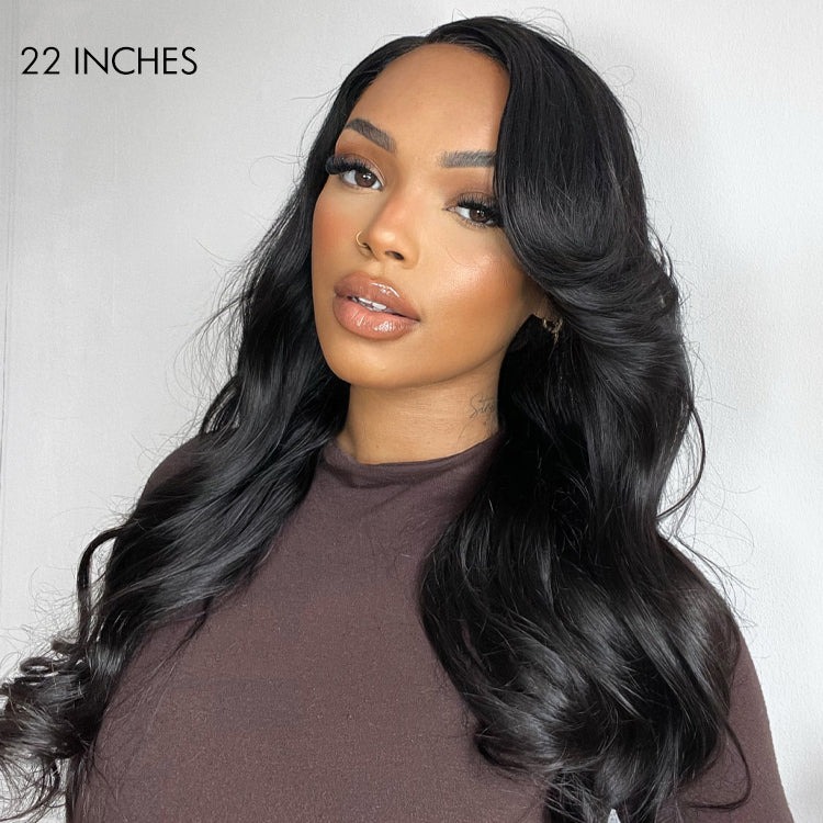 Graceful Natural Black Body Wave with Bangs 5x5 Closure Lace Glueless C Part Long Wig