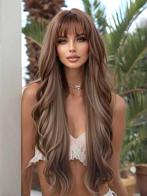 28 "Long Curly Hair Wig With Bangs Ombre Brown Wig For Women Synthetic Wig For Everyday Parties Festival Travel Music Festivals Holiday Gifts