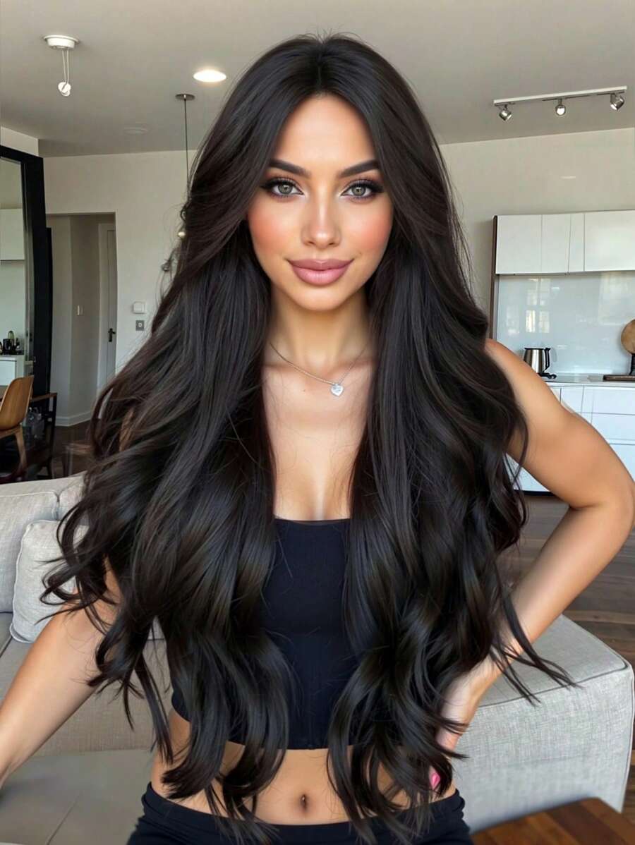 28 Inch Long Black Wigs For Women Middle Part Synthetic Wigs Natural Curly Hair For Daily Use Graceful Charming Wigs