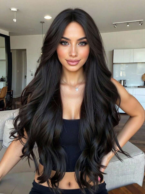 28 Inch Long Black Wigs For Women Middle Part Synthetic Wigs Natural Curly Hair For Daily Use Graceful Charming Wigs