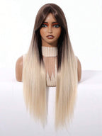 Ash Blonde Ombre Glueless Wigs Silky Straight With Drawstring Human Hair Wig