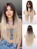 Ash Blonde Ombre Glueless Wigs Silky Straight With Drawstring Human Hair Wig