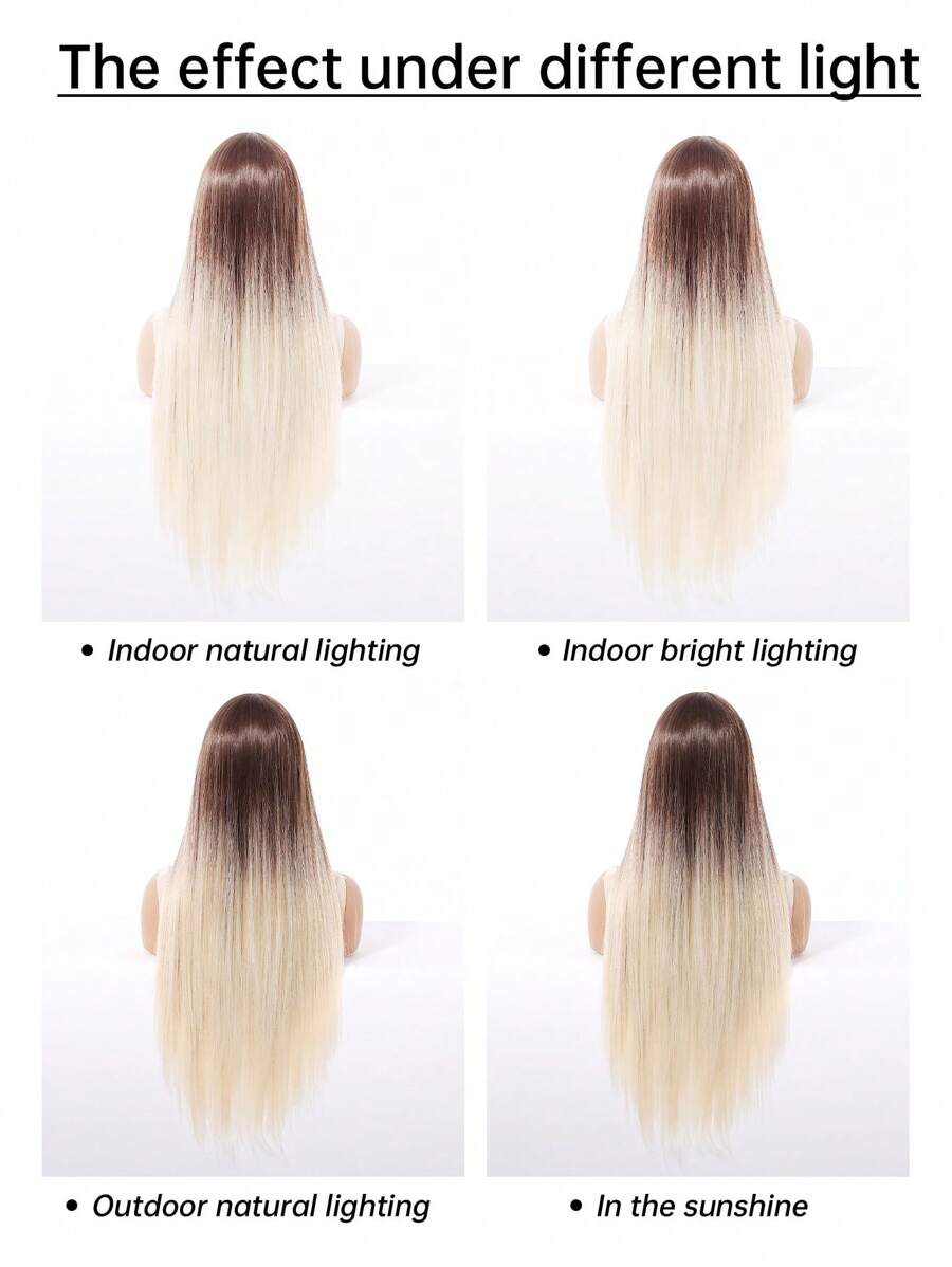 Ash Blonde Ombre Glueless Wigs Silky Straight With Drawstring Human Hair Wig