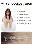 Ash Blonde Ombre Glueless Wigs Silky Straight With Drawstring Human Hair Wig