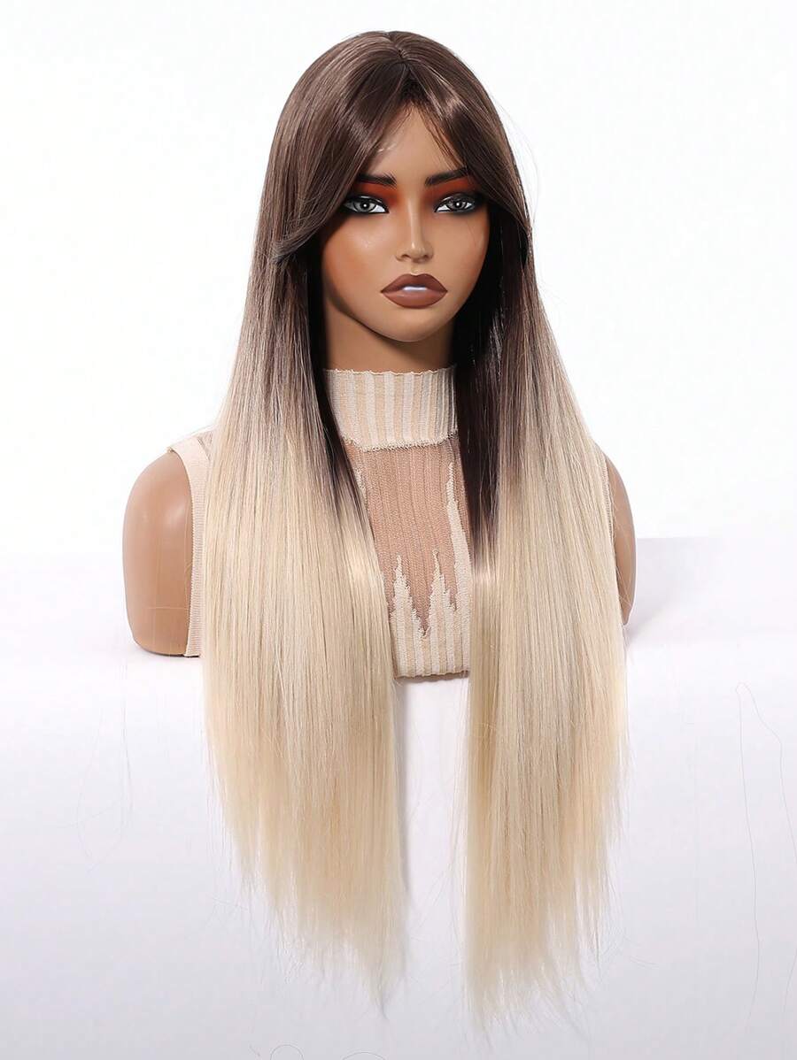 Ash Blonde Ombre Glueless Wigs Silky Straight With Drawstring Human Hair Wig