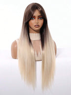 Ash Blonde Ombre Glueless Wigs Silky Straight With Drawstring Human Hair Wig