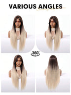 Ash Blonde Ombre Glueless Wigs Silky Straight With Drawstring Human Hair Wig