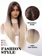 Ash Blonde Ombre Glueless Wigs Silky Straight With Drawstring Human Hair Wig