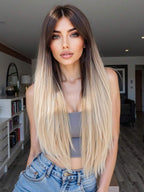 Ash Blonde Ombre Glueless Wigs Silky Straight With Drawstring Human Hair Wig