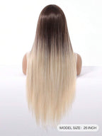 Ash Blonde Ombre Glueless Wigs Silky Straight With Drawstring Human Hair Wig