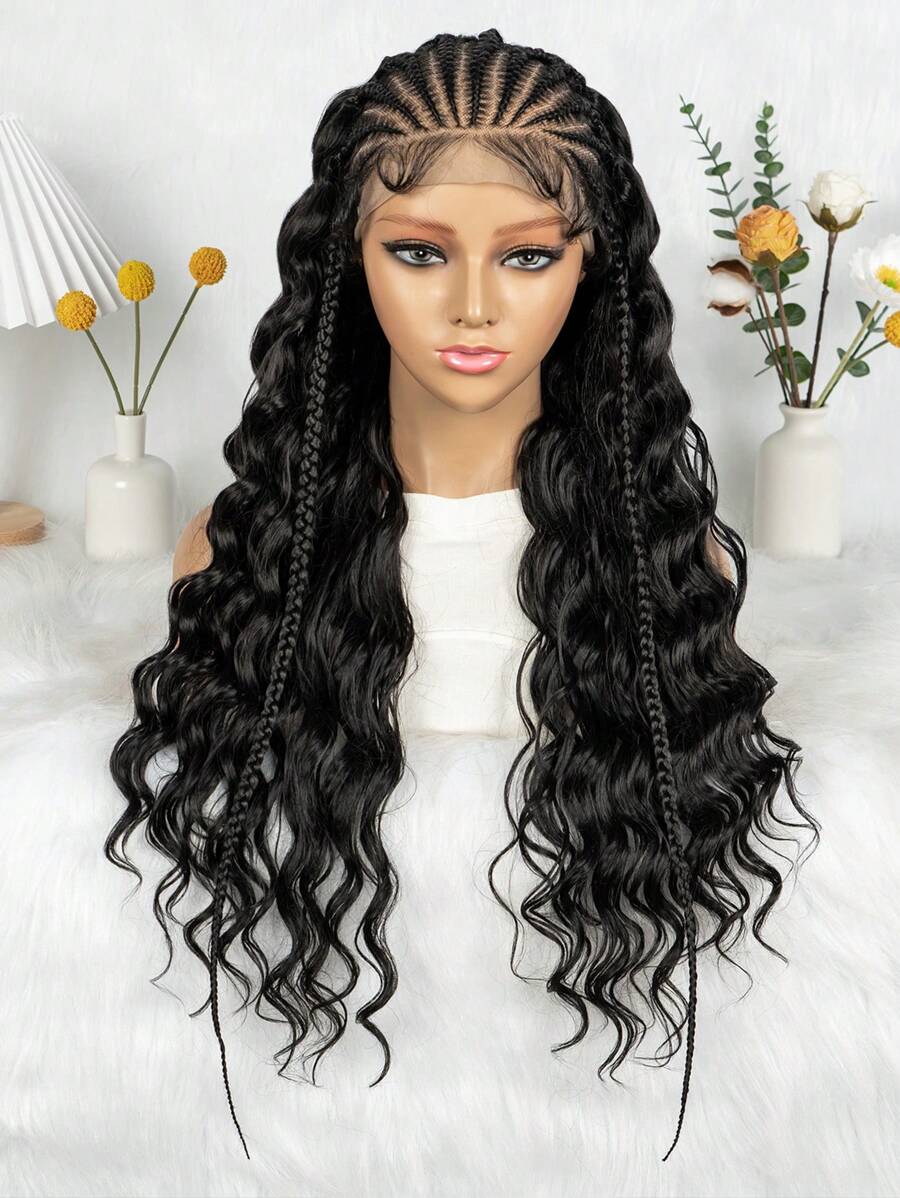 13x6 Lace Front Braided Wig Messy Braid Wig With Water Wave Hair Texture Versatile Styling
