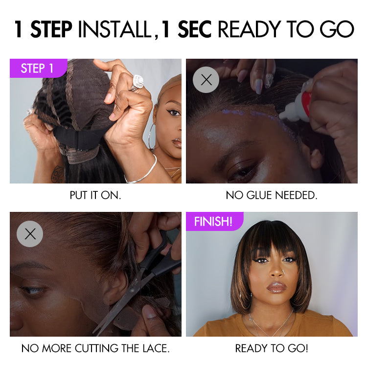 Special Offer | Put On and Go Brown Highlight / Natural Black Layered Cut Yaki Straight Minimalist Lace Bob Wig with Bangs